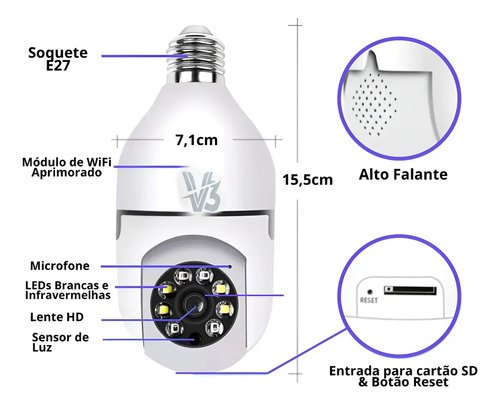 Câmera Segurança Ip Wifi 360 Lâmpada Prova Dágua Giratoria