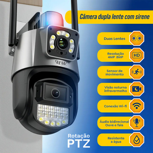 Câmera Segurança Wi-fi Ip Dual com Sirene Visão Noturna Colorida 355° App Icsee Prova Dágua Cor Preto - Hw
