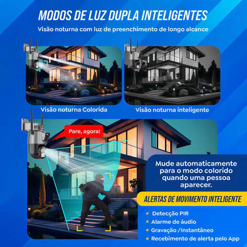 Câmera Segurança Wi-fi Ip Dual com Sirene Visão Noturna Colorida 355° App Icsee Prova Dágua Cor Preto - Hw