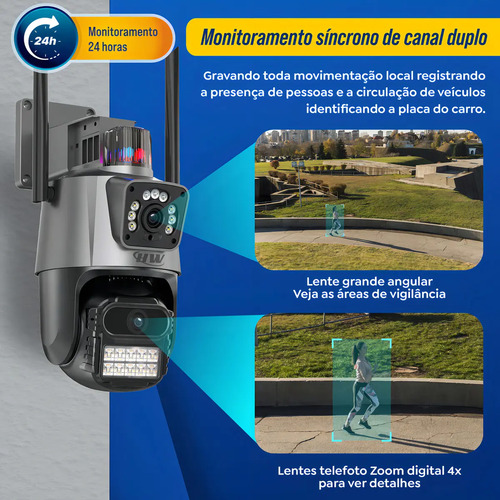 Câmera Segurança Wi-fi Ip Dual com Sirene Visão Noturna Colorida 355° App Icsee Prova Dágua Cor Preto - Hw