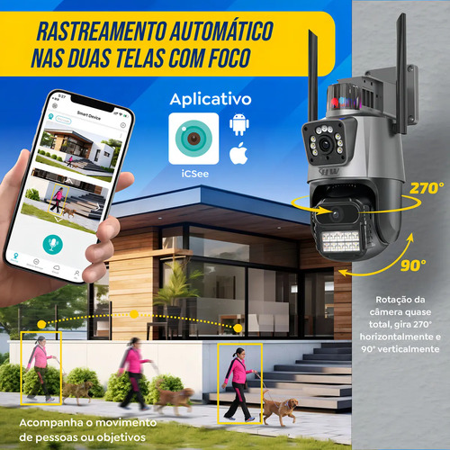 Câmera Segurança Wi-fi Ip Dual com Sirene Visão Noturna Colorida 355° App Icsee Prova Dágua Cor Preto - Hw