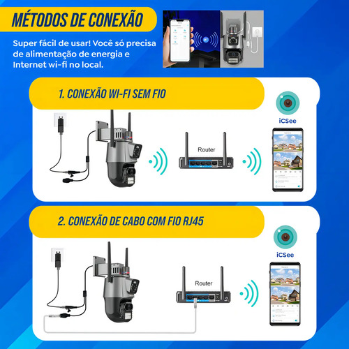 Câmera Segurança Wi-fi Ip Dual com Sirene Visão Noturna Colorida 355° App Icsee Prova Dágua Cor Preto - Hw