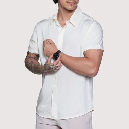 Camisa De Linho Masculina Manga Curta Para Verão Moda Praia