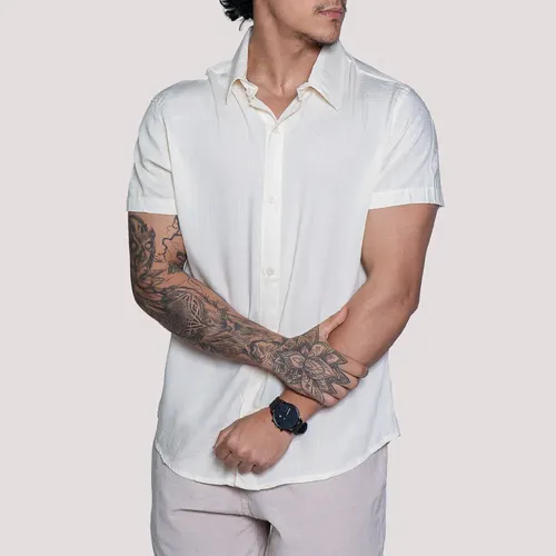 Camisa De Linho Masculina Manga Curta Para Verão Moda Praia