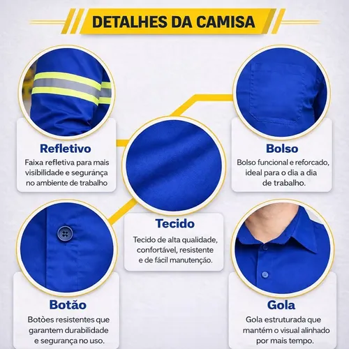 Camisa Grande Manga Longa Brim Profissional Refletiva Botão