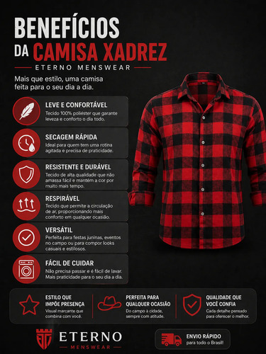 Camisa Masculina Xadrez Manga Longa Gola Italiana Eterno