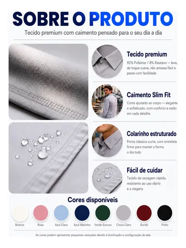 Camisa Social Masculina Slim Fit Premium Passa Facil