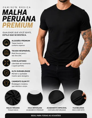 Camiseta Basica Masculina Algodão Lisa Malha Peruana Premium