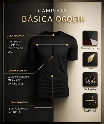 Camiseta Básica Ogochi Masculina Lisa Tecido Premium Oficial
