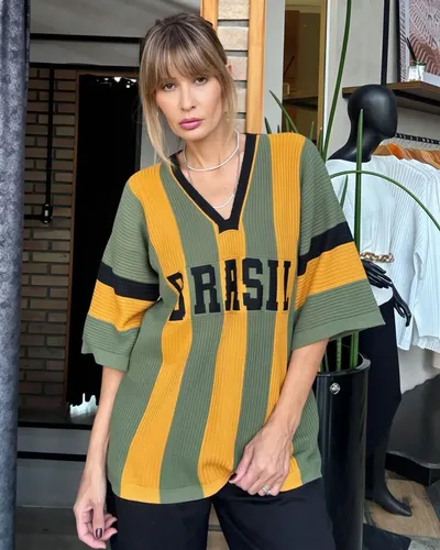 Camiseta Feminina Copa Tricot Seleção Brasil Blusa Hexa