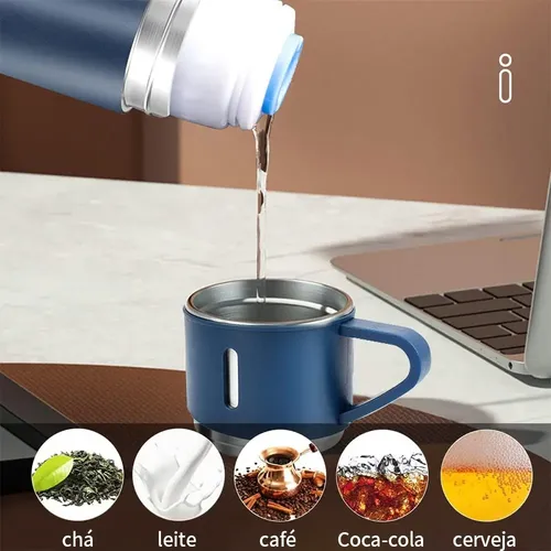 Caneca Kit Garrafa Térmica Vacuum Bottle Inox 500ml + 3 Xíca