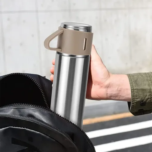 Caneca Kit Garrafa Térmica Vacuum Bottle Inox 500ml + 3 Xíca