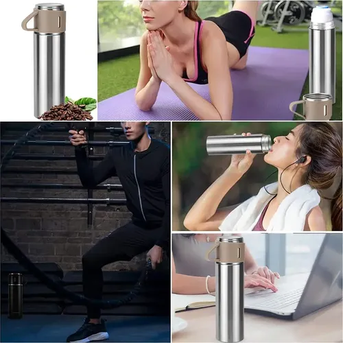 Caneca Kit Garrafa Térmica Vacuum Bottle Inox 500ml + 3 Xíca