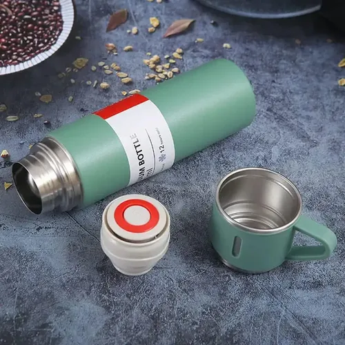 Caneca Kit Garrafa Térmica Vacuum Bottle Inox 500ml + 3 Xíca