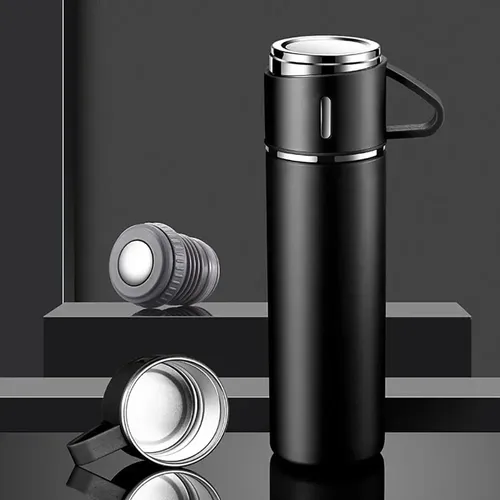 Caneca Kit Garrafa Térmica Vacuum Bottle Inox 500ml + 3 Xíca