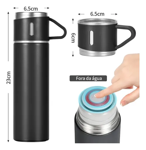 Caneca Kit Garrafa Térmica Vacuum Bottle Inox 500ml + 3 Xíca