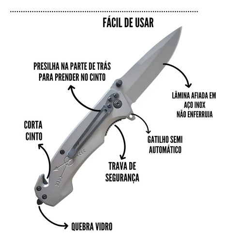 Canivete Tático Taue Semiautomático, Dobrável Com Lâmina de 10cm Inox e Quebra Vidros