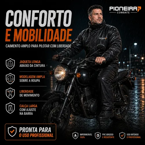 Capa De Chuva Moto Pioneira Impermeável Motoqueiro Pvc Preto