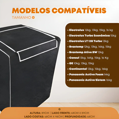 Capa Maquina De Lavar Eletrolux Brastemp 12kg 13kg 15kg 16kg Cor Preto Com Ziper G Caipira Vendas