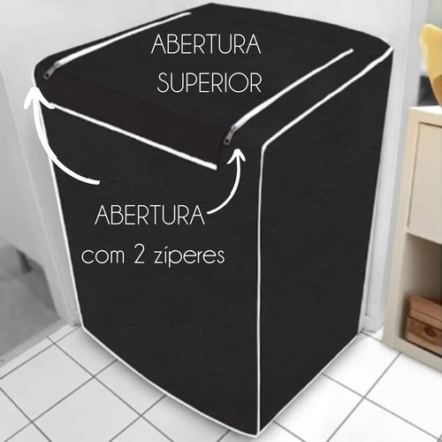 Capa Maquina De Lavar Eletrolux Brastemp Consul Mabe Panasonic 12kg 13kg 15kg 16kg Abertura Superior Com Ziper Cor Preta