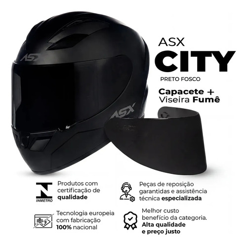 Capacete Fechado Asx City Solid Preto Fosco + Viseira Fumê Desenho Sólido Tamanho do capacete 58/M