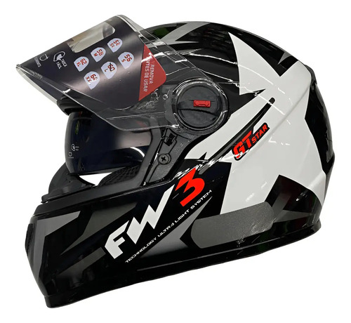 Capacete integral fw3 gtx preto e branco estrela para adulto