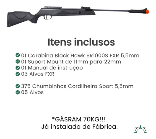 Carabina Gásram Pressão Artemis Black Hawk Sr1000s Fxr 70kg