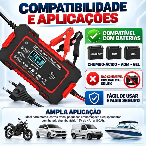 Carregador Bateria 12v Até 100 Amperes Carro Moto Caminhão