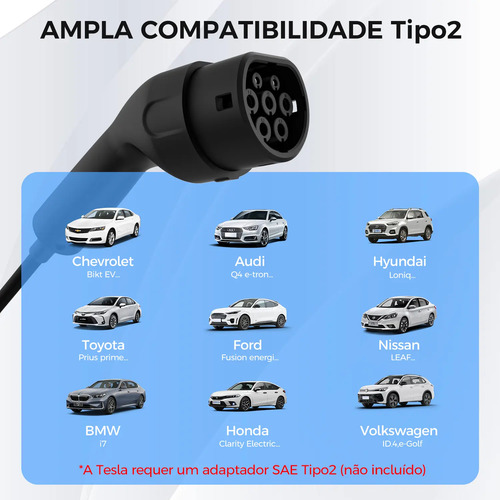 Carregador Carro Elétrico Portátil 7kw 32a Tipo 2 110/220v