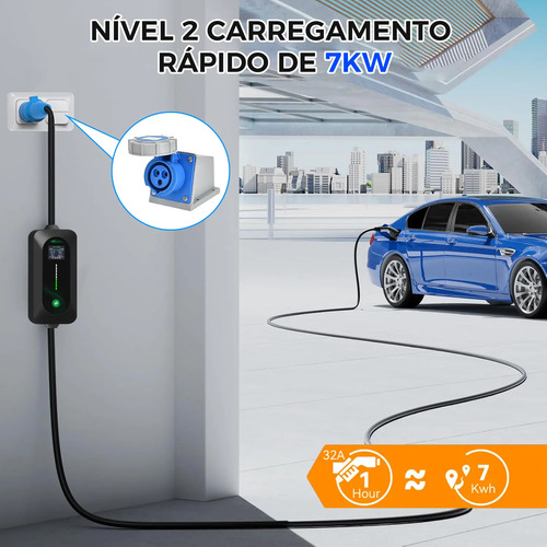 Carregador Carro Elétrico Portátil 7kw 32a Tipo 2 110/220v