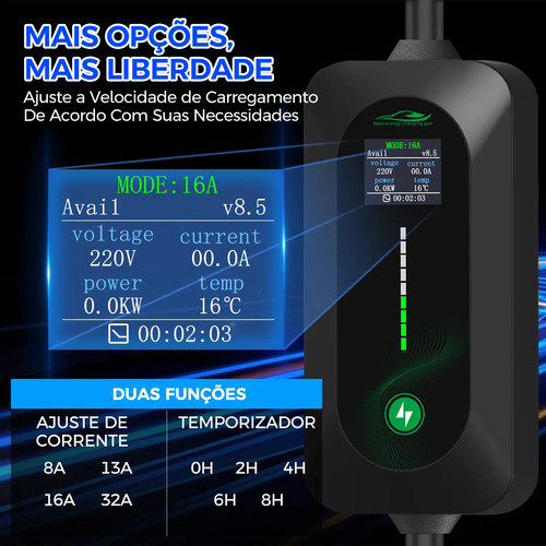 Carregador Carro Elétrico Portátil 7kw 32a Tipo 2 110/220v
