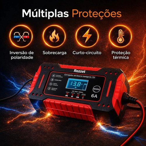 Carregador De Bateria Automotiva Portátil 12v 4ah-100ah 6a Carro Moto Caminhão Automático
