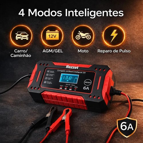 Carregador De Bateria Automotiva Portátil 12v 4ah-100ah 6a Carro Moto Caminhão Automático
