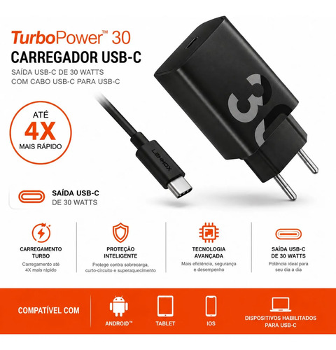 Carregador Lehmox Usb-c 30w Turbo Power Com Cabo