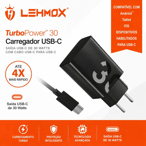 Carregador Lehmox Usb-c 30w Turbo Power Com Cabo
