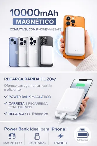 Carregador Por Indução 10000mah Magnético Para iPhone