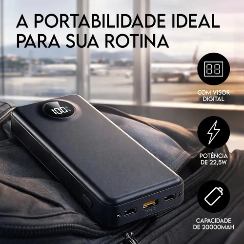 Carregador Portátil Davely Power Bank 20000mAh Turbo para Samsung, iPhone e Xiaomi