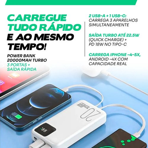 Carregador Portátil Power Bank 20.000mah Turbo Celular Carga Rápida 22.5w Premium Display Visor Grande Universal Usb-c Viagens Festa Para los E Android iPhone Samsung Motorola Xiaomi Preto Nixzen