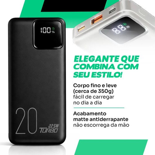 Carregador Portátil Power Bank 20.000mah Turbo Celular Carga Rápida 22.5w Premium Display Visor Grande Universal Usb-c Viagens Festa Para los E Android iPhone Samsung Motorola Xiaomi Preto Nixzen