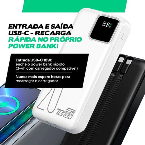 Carregador Portátil Power Bank 20.000mah Turbo Celular Carga Rápida 22.5w Premium Display Visor Grande Universal Usb-c Viagens Festa Para los E Android iPhone Samsung Motorola Xiaomi Preto Nixzen