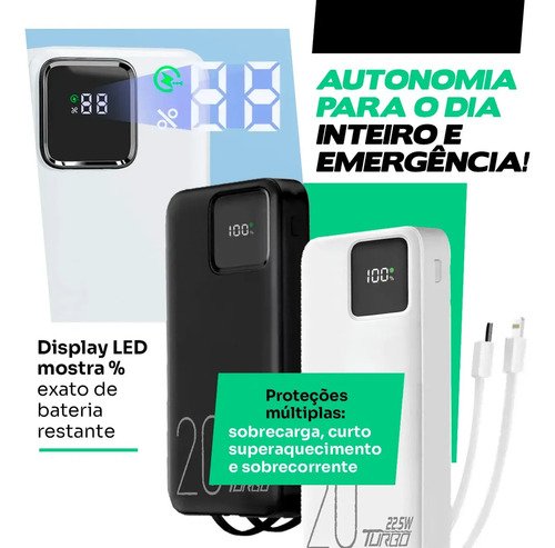 Carregador Portátil Power Bank 20.000mah Turbo Celular Carga Rápida 22.5w Premium Display Visor Grande Universal Usb-c Viagens Festa Para los E Android iPhone Samsung Motorola Xiaomi Preto Nixzen