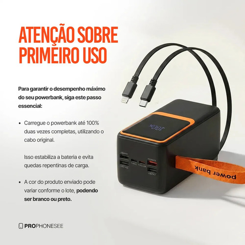 Carregador Portátil Power Bank 50000 Mah 60W Turbo Compatível Com iPhone Apple Android Asus Lg Ios Samsung Xiaomi Motorola Entrada Saída Usb Tipo C E Cabo Usbc Lightning Super Rápido Visor Display