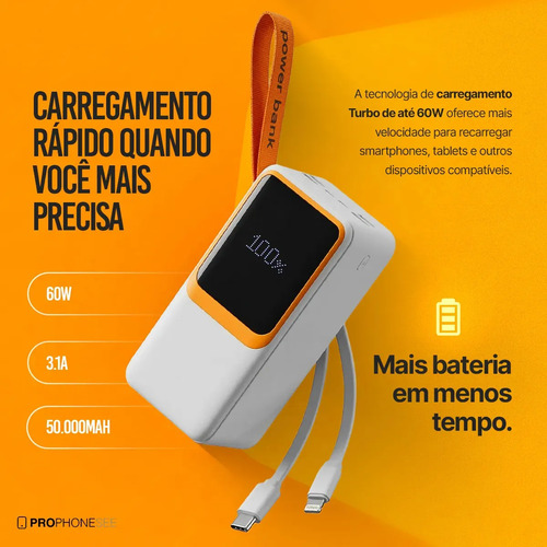 Carregador Portátil Power Bank 50000 Mah 60W Turbo Compatível Com iPhone Apple Android Asus Lg Ios Samsung Xiaomi Motorola Entrada Saída Usb Tipo C E Cabo Usbc Lightning Super Rápido Visor Display