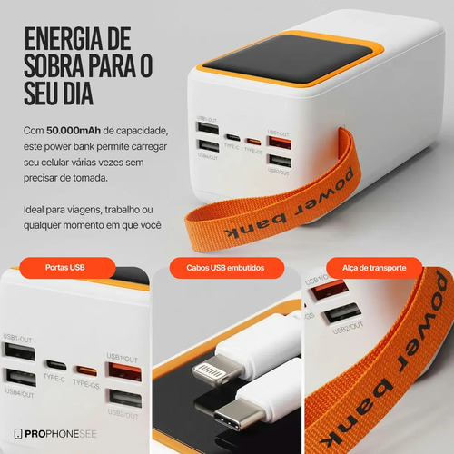 Carregador Portátil Power Bank 50000 Mah 60W Turbo Compatível Com iPhone Apple Android Asus Lg Ios Samsung Xiaomi Motorola Entrada Saída Usb Tipo C E Cabo Usbc Lightning Super Rápido Visor Display