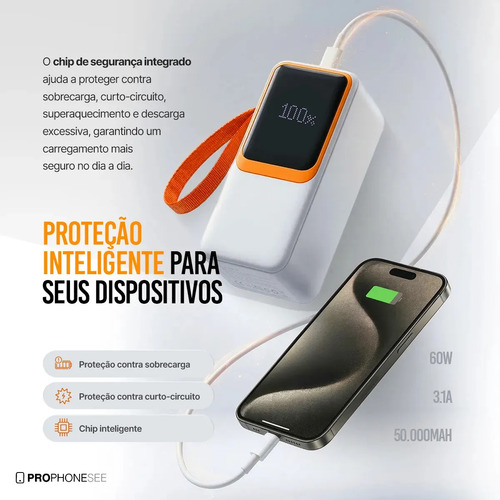 Carregador Portátil Power Bank 50000 Mah 60W Turbo Compatível Com iPhone Apple Android Asus Lg Ios Samsung Xiaomi Motorola Entrada Saída Usb Tipo C E Cabo Usbc Lightning Super Rápido Visor Display