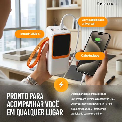 Carregador Portátil Power Bank 50000 Mah 60W Turbo Compatível Com iPhone Apple Android Asus Lg Ios Samsung Xiaomi Motorola Entrada Saída Usb Tipo C E Cabo Usbc Lightning Super Rápido Visor Display