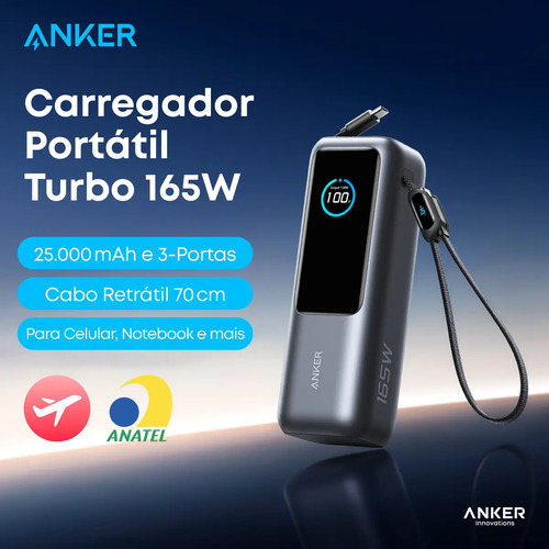Carregador portatil power bank anker 25000mah 165w cor preto