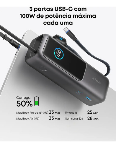 Carregador Portátil Power Bank Anker 25000mAh 165W Cor Preto Carga Turbo Rápida com 4 Portas e 2 Cabos USB-C Integrados, Tela Digital Compatível com Notebook, MacBook, iPhone, Samsung e AirPods