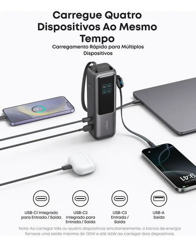 Carregador Portátil Power Bank Anker 25000mAh 165W Cor Preto Carga Turbo Rápida com 4 Portas e 2 Cabos USB-C Integrados, Tela Digital Compatível com Notebook, MacBook, iPhone, Samsung e AirPods