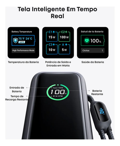 Carregador Portátil Power Bank Anker 25000mAh 165W Cor Preto Carga Turbo Rápida com 4 Portas e 2 Cabos USB-C Integrados, Tela Digital Compatível com Notebook, MacBook, iPhone, Samsung e AirPods